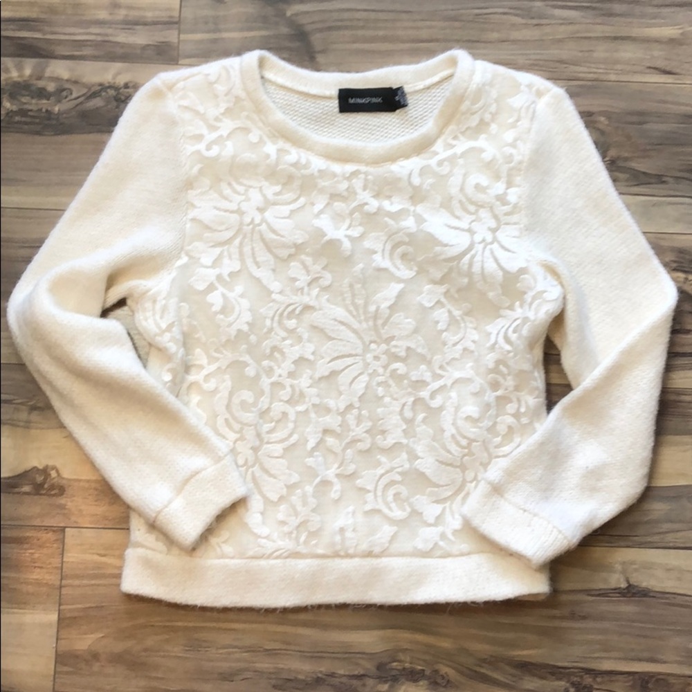 MINKPINK White Wool‑Blend Knit Sweater – Lace Front Detail | Size XS